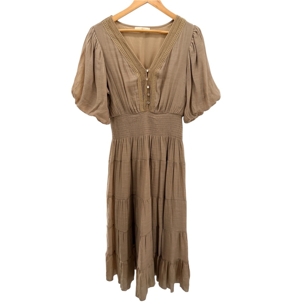 Kings Road Tiered Midi Dress L Taupe Brown Crochet V-Neck Smocked Bohemian Puff